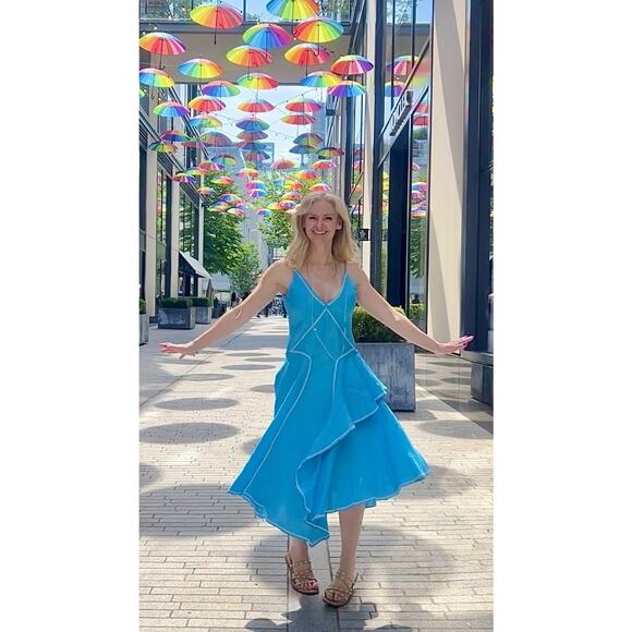 ESTEBAN CORTAZAR COLLECTIVE Aqua Hourglass White Stitch Midi Dress Size Medium - Picture 14 of 15